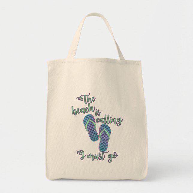 The Beach Is Calling With Mermaid Flip Flops Tote Bag (Front)