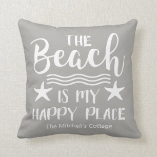 The Beach Is My Happy Place Quote Coastal Nautical Cushion