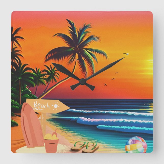 THE BEACH SUNSET SQUARE WALL CLOCK (Front)