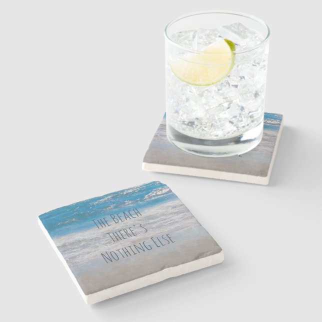 The Beach White Blue Coastal Ocean Waves Phrase Stone Coaster (Side)