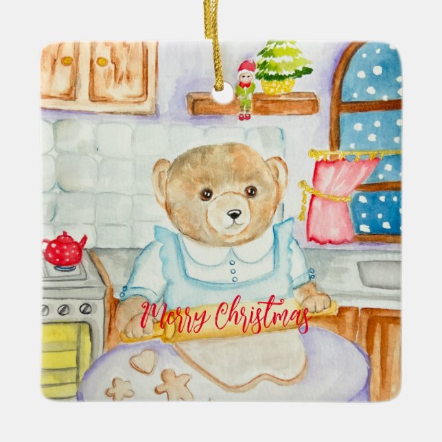 The bear bakes gingerbread ceramic ornament (Front)