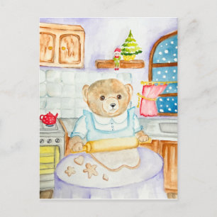 The bear bakes gingerbread holiday postcard