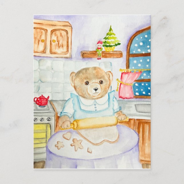 The bear bakes gingerbread holiday postcard (Front)