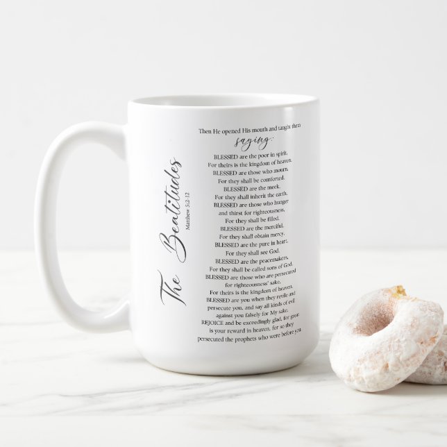 The Beatitudes Matthew 5:2-12 Bible Scripture Coffee Mug (With Donut)