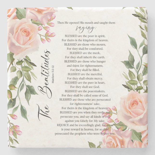 The Beatitudes Matthew 5:3-12 Scripture Roses Stone Coaster (Front)