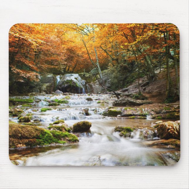 The beautiful waterfall in forest, autumn mouse pad (Front)