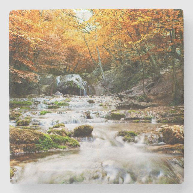 The beautiful waterfall in forest, autumn stone coaster (Front)