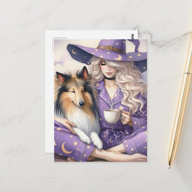 The Beautiful Witch and Her Collie Morning Coffee  Postcard (Front/Back In Situ)