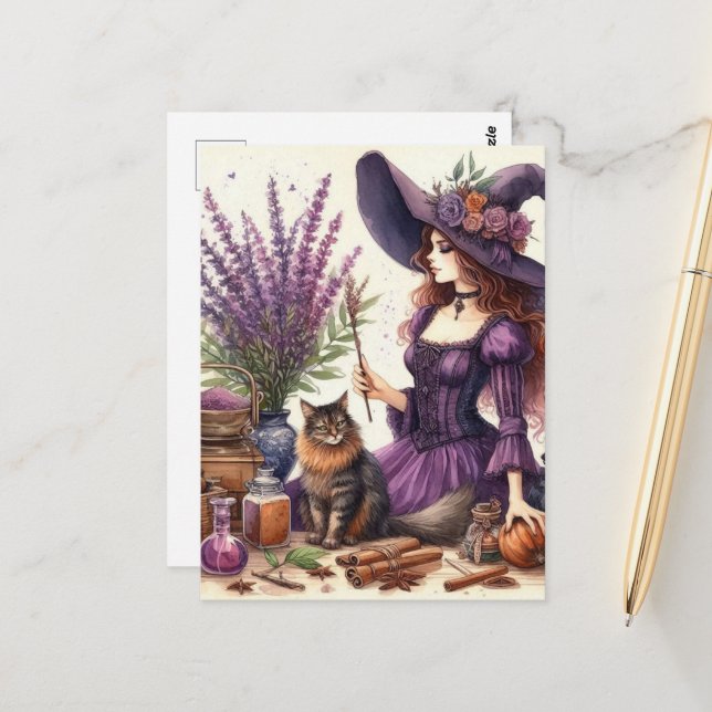 The Beautiful Witch in Purple With Cat Lavender Postcard (Front/Back In Situ)