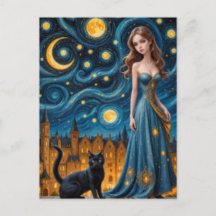 The Beautiful Woman and Cat in a Night City Postcard