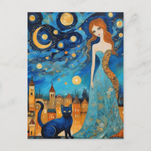 The Beautiful Woman and Cat in a Night City Postcard