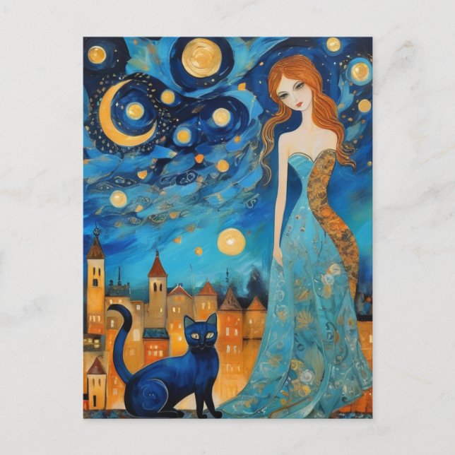 The Beautiful Woman and Cat in a Night City Postcard (Front)