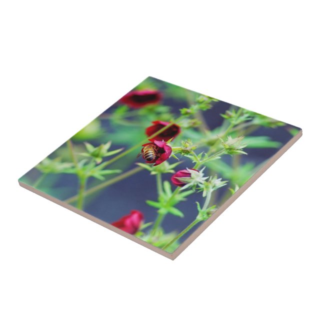 The Bee With the Red Flower Ceramic Tile (Side)