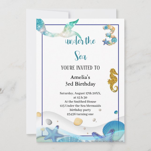 the best cute pastel blue mermaid birthday invitation (Front)