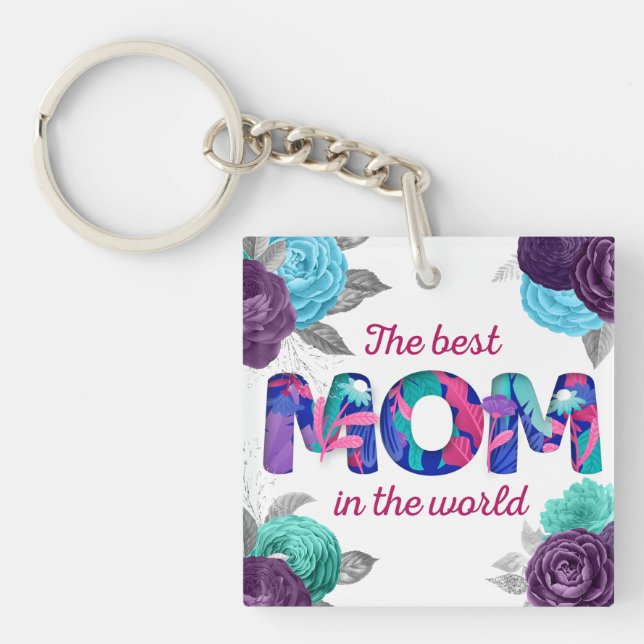 The Best MOM in the World Blue Violet Floral Key Ring (Front)
