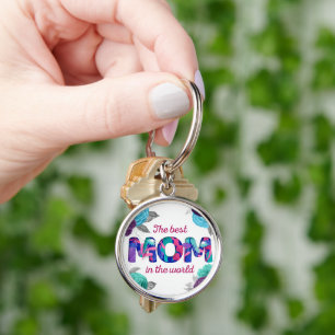 The Best MOM in the World Blue Violet Floral Key Ring