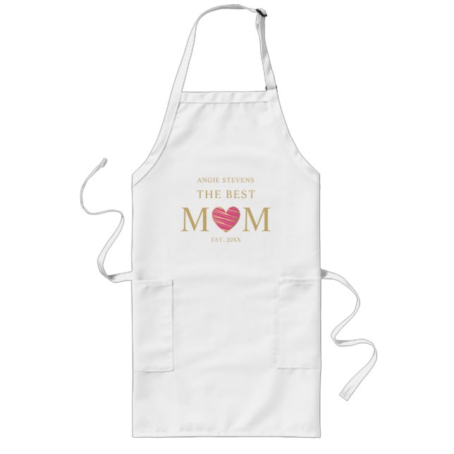The Best MOM Quote Hot Pink & Gold Effect Heart Long Apron (Front)