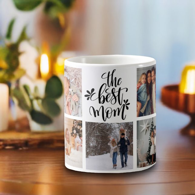 The Best Mum Photo Collage Modern Typography Coffee Mug (This modern mug features 9 square photos and hand-lettered "the Best Mom".)