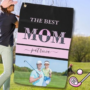The Best Mum Stylish Photo Black Pink Lettering Golf Towel