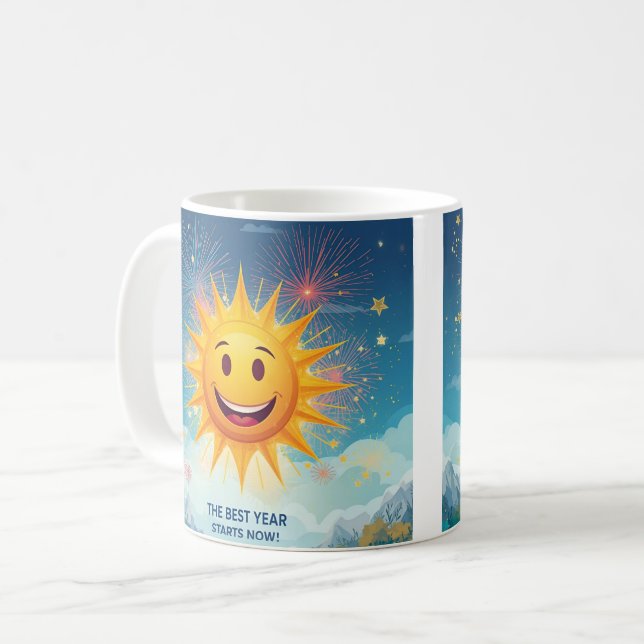 The Best Year Starts Now! Smiling Sun & Fireworks  Coffee Mug (Front Left)