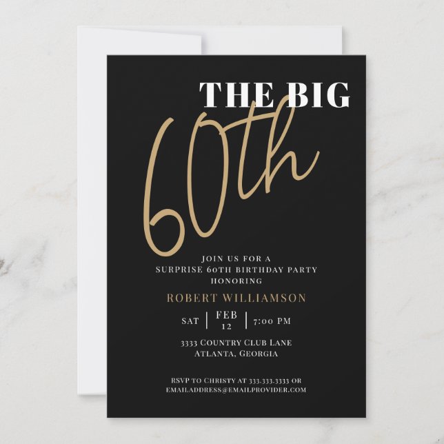 The Big 60th Surprise Birthday Black Gold  Invitation (Front)
