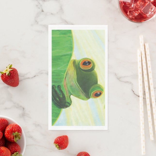 The big-eyed green frog behind lily pad   napkin (Insitu)