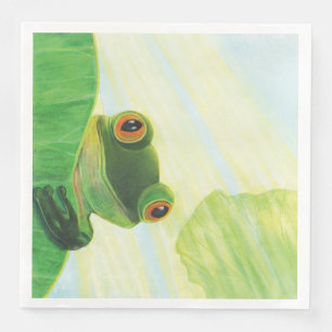 The big-eyed green frog behind lily pad napkin
