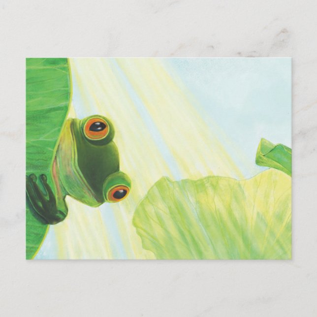 The big-eyed green frog behind lily pad postcard (Front)