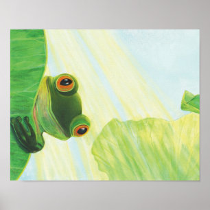 The big-eyed green frog behind lily pad  poster