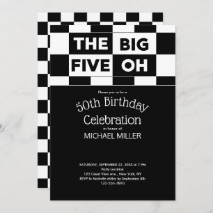 The Big Five Oh Black and White Chequered Pattern Invitation