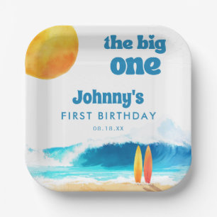 The Big One 1st Birthday Surf Beach Watercolor Paper Plate