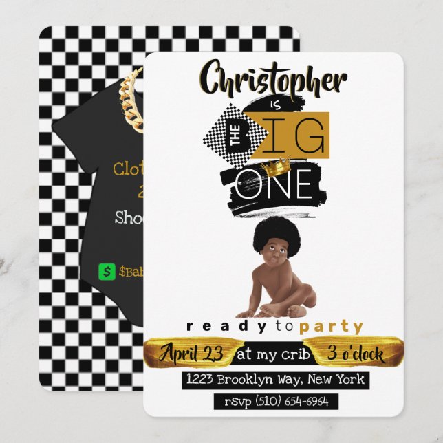 The BIG One| Afro Hip Hop Baby Boy Retro Birthday Invitation (Front/Back)