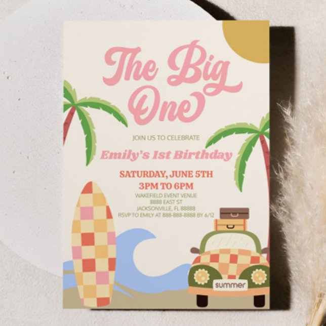 The Big One Beach Surf Pink 1st Birthday Party Invitation (Creator Uploaded)