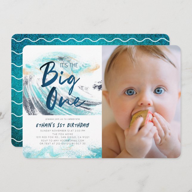 The Big One Blue Wave Surfing 1st Birthday Photo Invitation (Front/Back)