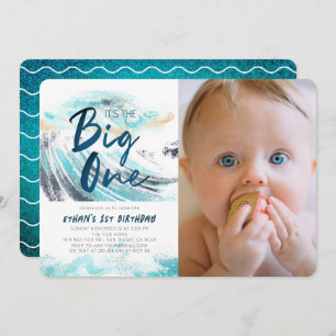 The Big One Blue Wave Surfing 1st Birthday Photo Invitation