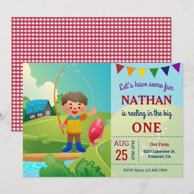The Big One Boys Fishing 1st First Birthday Party Invitation (Front/Back)