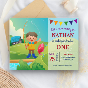 The Big One Boys Fishing 1st First Birthday Party Invitation Postcard
