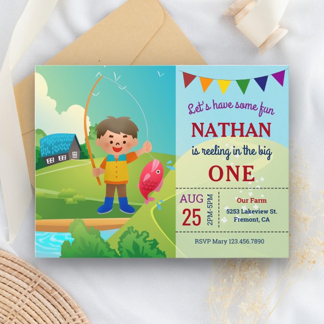 The Big One Boys Fishing 1st First Birthday Party Invitation Postcard (Creator Uploaded)