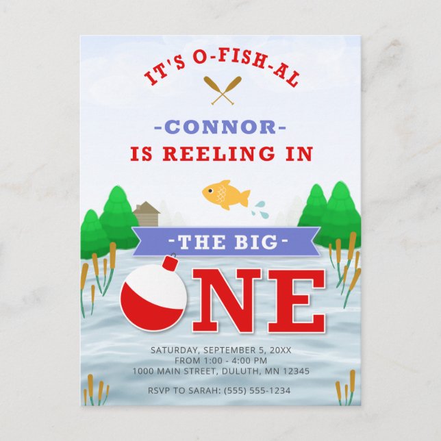 The Big One Colourful Fishing Theme 1st Birthday I Postcard (Front)