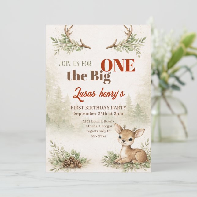 The Big ONE Deer First Hunting 1st Birthday  Invitation (Standing Front)