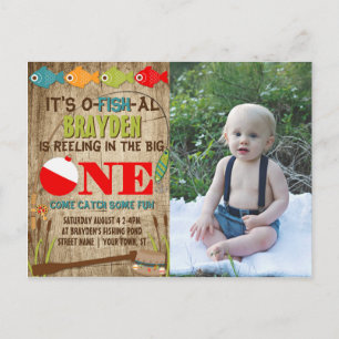 The Big One Fishing Theme Boys 1st Birthday Invitation Postcard