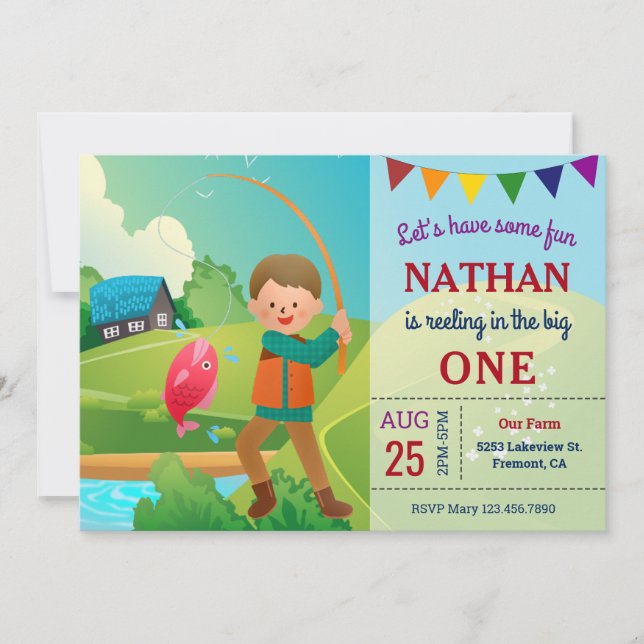The Big One Fishing Theme Boys 1st Birthday Party Invitation (Front)