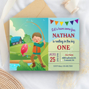 The Big One Fishing Theme Boys 1st Birthday Party Invitation Postcard