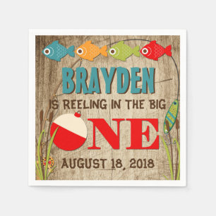 The Big One Fishing Theme Boys First Birthday Napkin