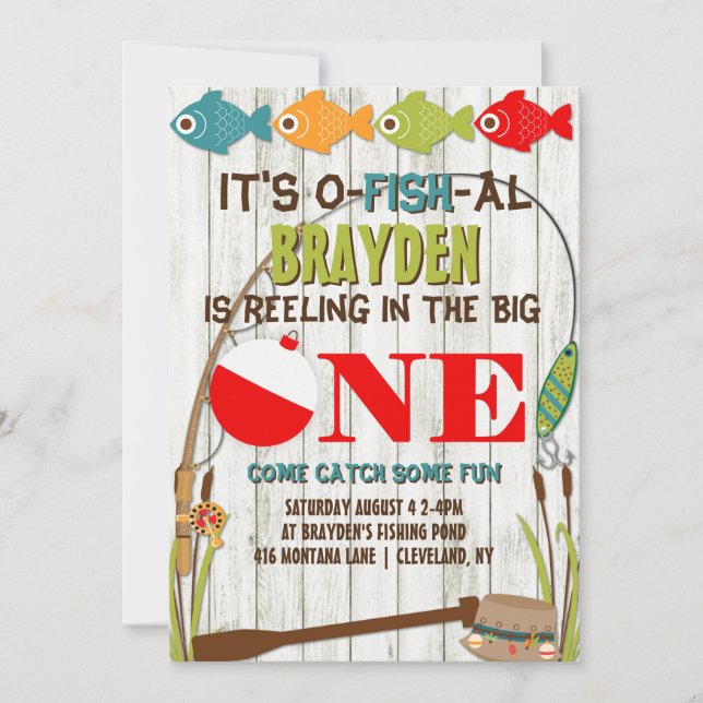 The Big One Fishing Theme Grey Boys First Birthday Invitation (Front)