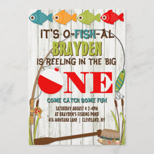 The Big One Fishing Theme Grey Boys First Birthday Invitation