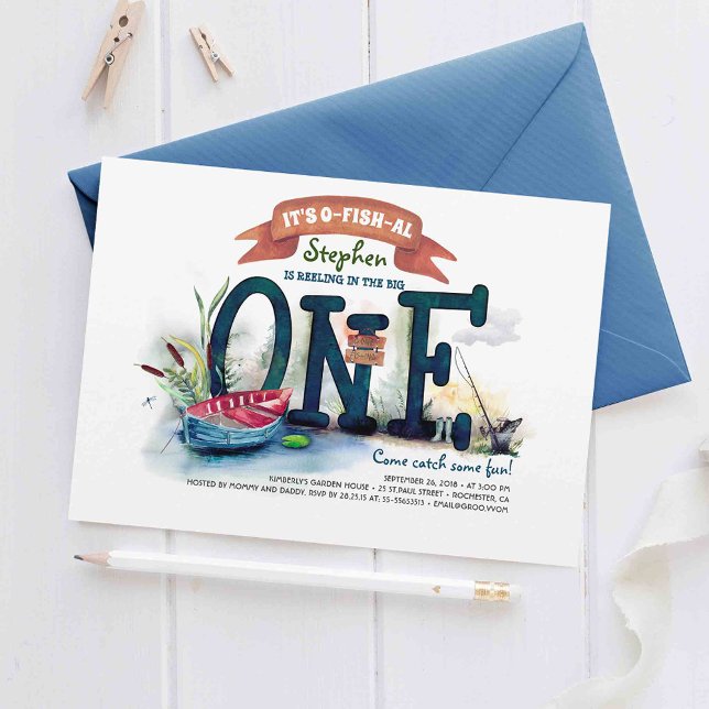 The Big One Fishing Themed Boys First Birthday Invitation (It's O-Fish-Al - Amazing Fishing Themed 1st Birthday Invitations)