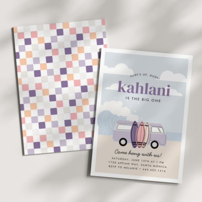 The BIG ONE Girls' 1st Purple Beach Surf Birthday Invitation (Creator Uploaded)