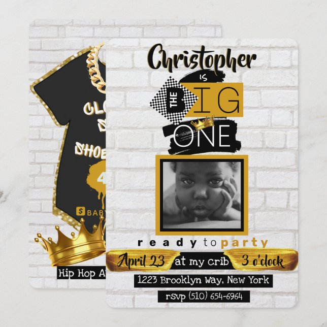 The BIG One| Hip Hop Retro 1st Birthday Photo Invitation (Front/Back)