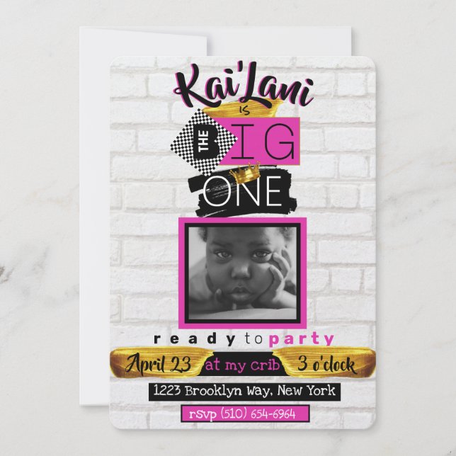 The BIG One| Hip Hop Retro 1st Birthday Photo Pink Invitation (Front)